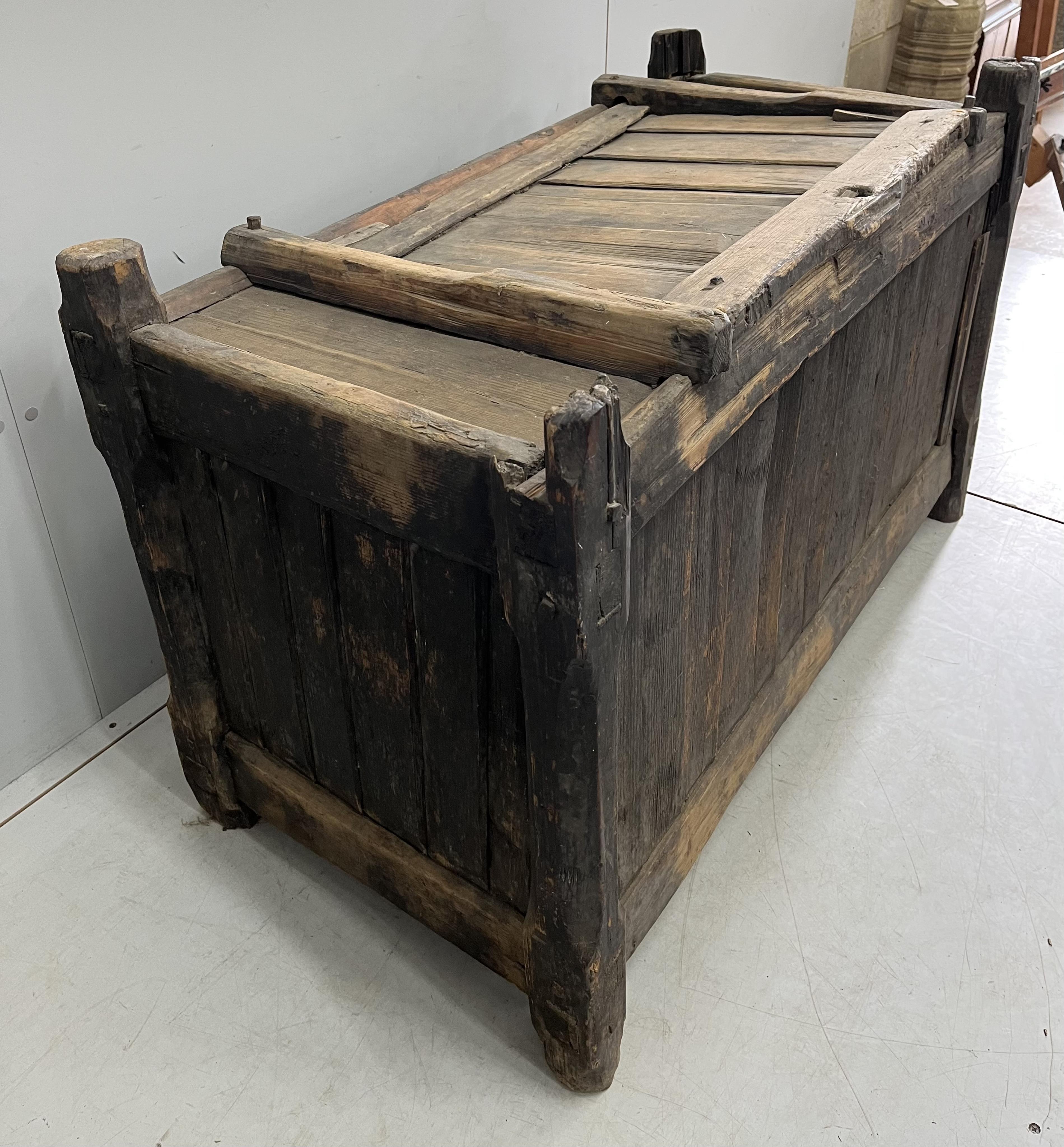 A 19th century East European pine coffer, width 118cm, depth 58cm, height 75cm. Condition - poor